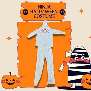 White Ninja Halloween Costume With Hoodie & Dragon Print Matching Pants & Gloves